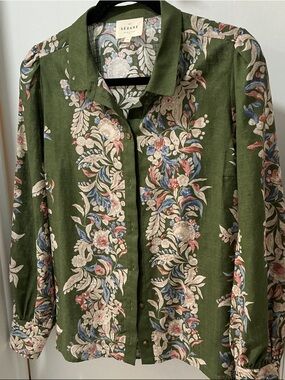 Sezane Olive Green Floral Button-Front Blouse